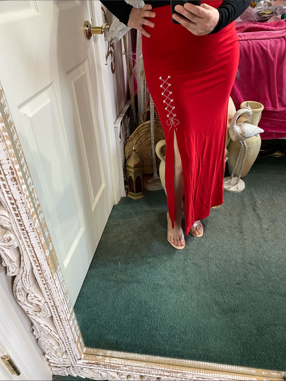 Red Slinky Maxi Skirt with Silver Detail Size Small